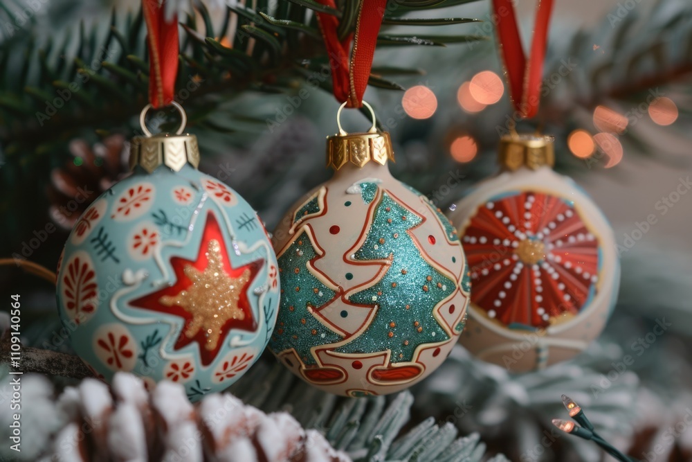 Poster close-up of three ornaments on a christmas tree