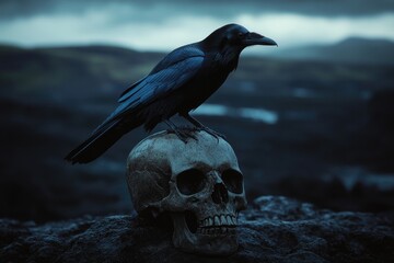 Fototapeta premium A black bird sits atop a skull, suggesting dark and mysterious themes