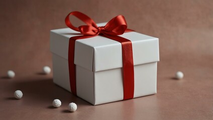 Fototapeta premium White gift box with Christmas decor on color background