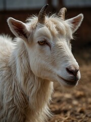 Obraz premium White goat on a farm looking sideways.