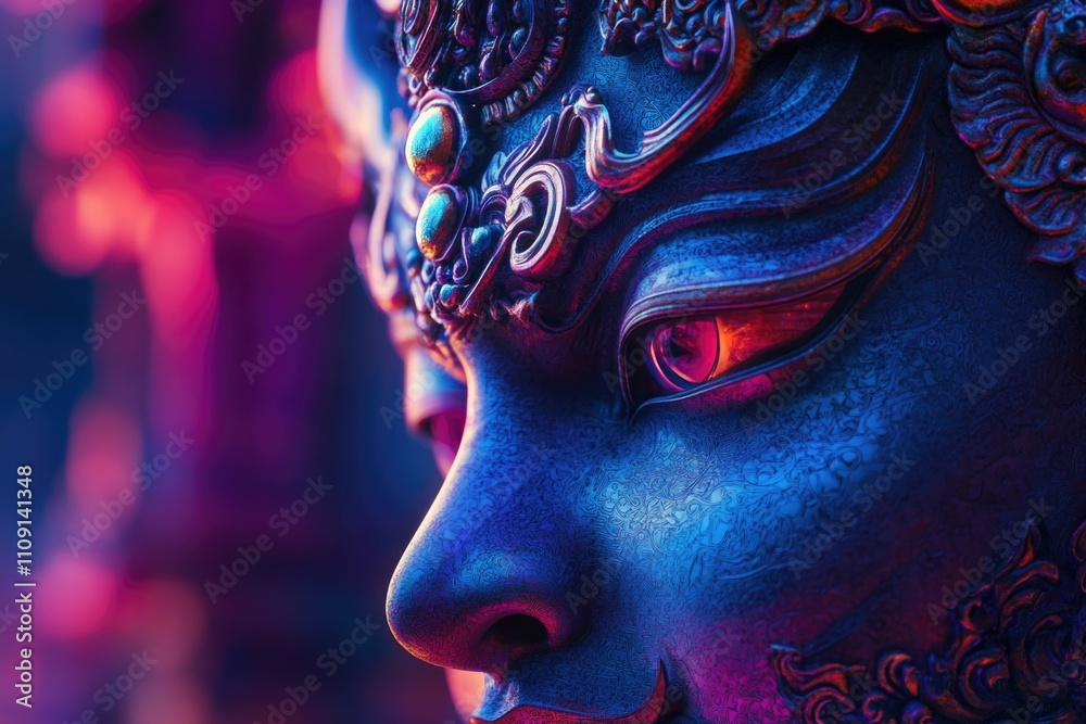 Poster a close-up shot of a statue featuring a woman's face, suitable for use in artistic or decorative con