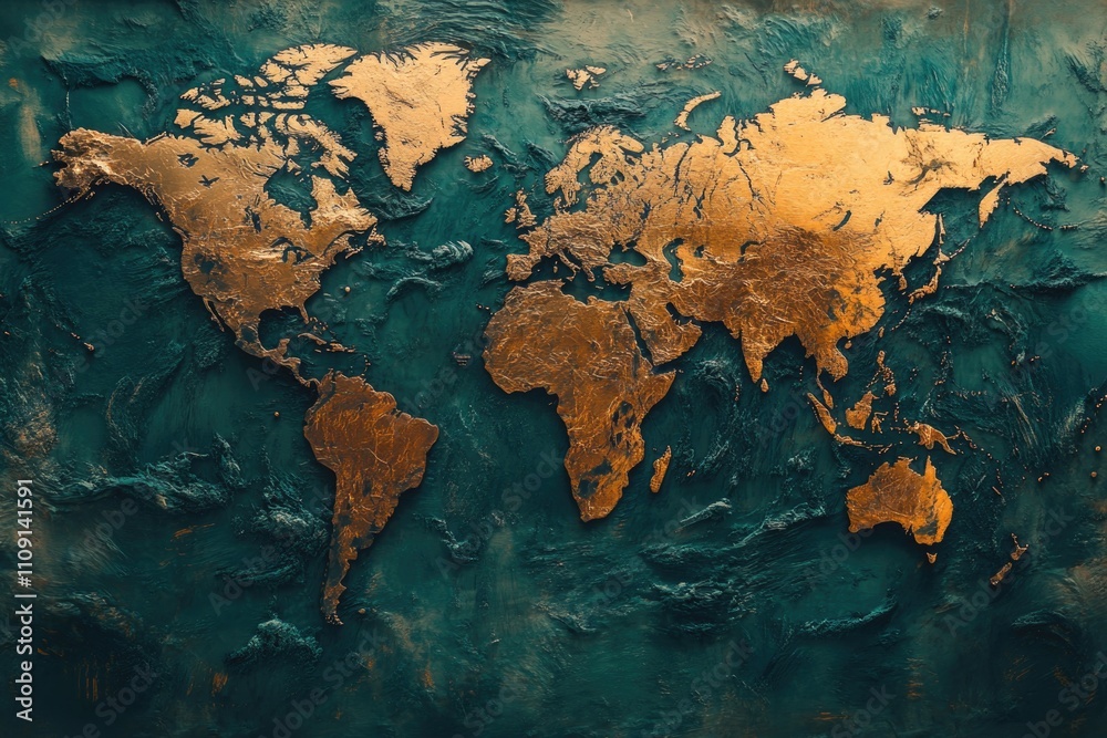Poster A map of the world with gold paint applied to highlight certain features, suitable for use in presentations or as a decorative piece