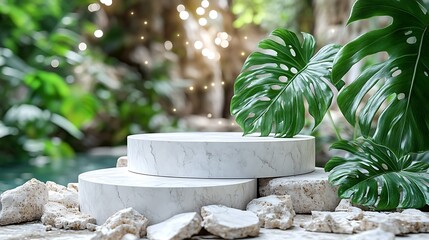 Two-tiered white marble podium on rocks with tropical leaves and bokeh background.