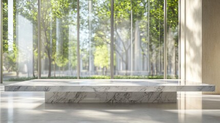 Minimalist White Marble Stone Table with Blurred Glass Window Background
