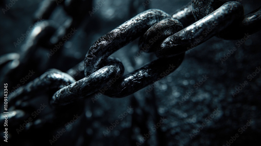 Poster a close-up view of a chain on a dark, textured surface