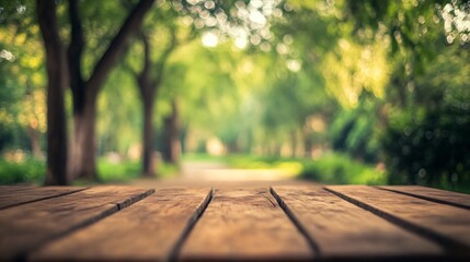Empty Wood Table Top with Blurred Green Tree in Park
