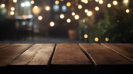Rustic Wooden Tabletop with Beautiful Bokeh Lights in Blurred Restaurant Background