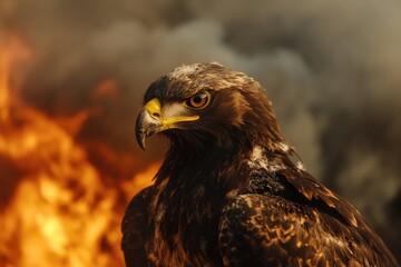 Fototapeta premium A bird of prey stands by a warm fire, ready for its next hunt
