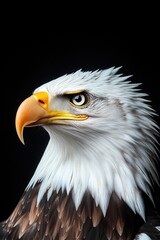 Obraz premium A close-up view of a bald eagle's head and neck on a black background