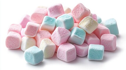 Colorful marshmallows arranged in a playful pile on a white background