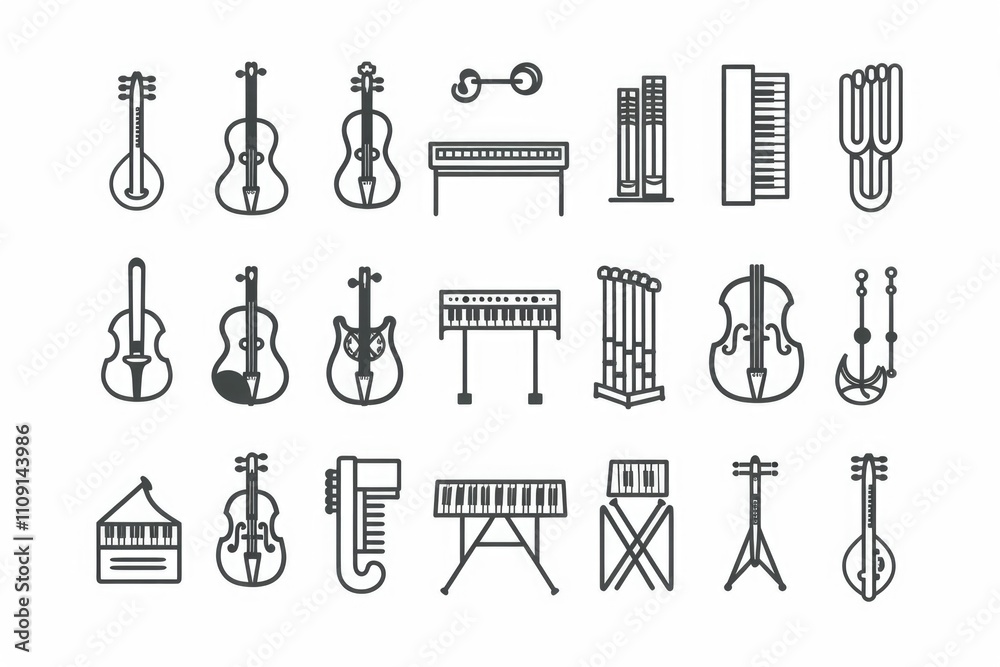 Poster collection of different music instruments, perfect for music school or studio use