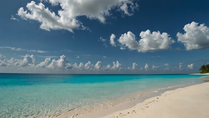 Obraz premium White sand beach with turquoise ocean and blue sky.