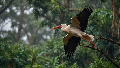 Obraz premium White stork in a tropical rainforest.