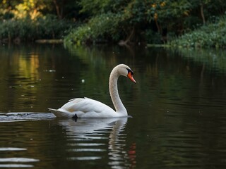 Fototapeta premium White swan swimming in Hampstead Heath.