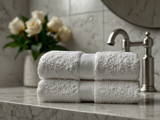 White towels on marble bathroom counter with soap.