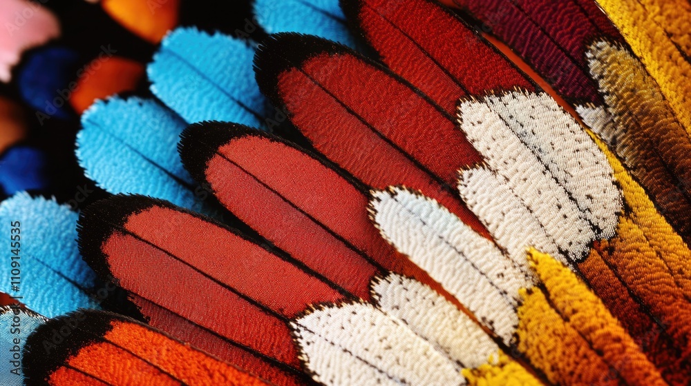 Sticker Close-up of vibrant bird feathers with intricate patterns and colors