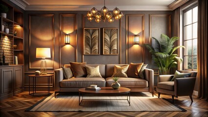 Fototapeta premium Cozy Nighttime Apartment Living Room in Art Deco Style with Soft Lighting, Minimalist Decor, Plush Textures, and Elegant Accents for a Relaxing Atmosphere