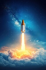 Naklejka premium Rocket Launching into Space with Bright Flames