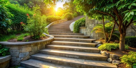 A stone stairway leads up through a lush garden, bathed in the golden glow of the setting sun.