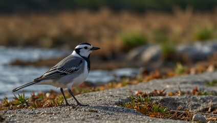 Obraz premium White Wagtail bird on the autumn migration path by the shore.