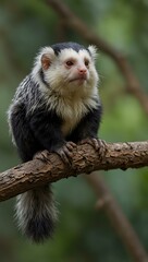 Obraz premium White-headed marmoset perched on a branch.
