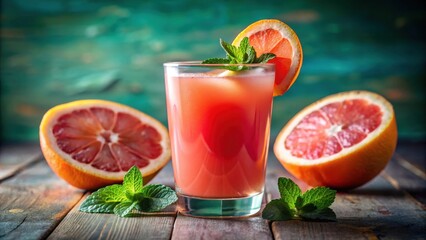 Refreshing grapefruit juice with a mint garnish, served in a glass on a wooden table