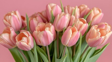 Fototapeta premium Fresh pink tulips arranged in a decorative vase, perfect for home decor or gift
