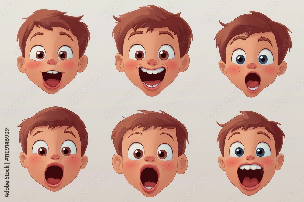 Poster cartoon faces of a boy showing different emotions and expressions, ideal for illustrations, animatio