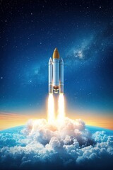 Obraz premium Rocket Launch Into Space with Dramatic Clouds