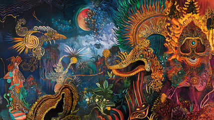 Obraz premium Intricate digital art featuring colorful mythical creatures amidst a lush, enchanted landscape, showcasing a blend of fantasy and nature's beauty.