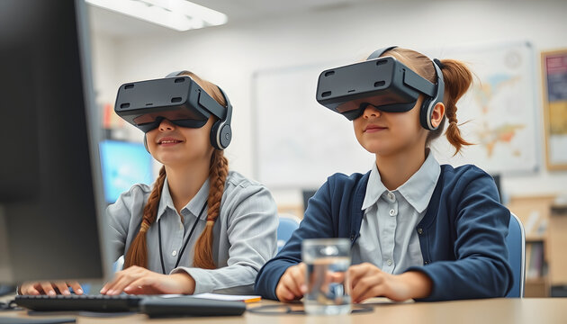 Rack focus of two girls using VR glasses when having computer group class at school with a white accent, png