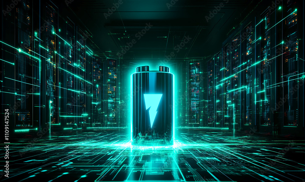 Poster Digital battery glowing in a futuristic data center with neon circuits and technology elements