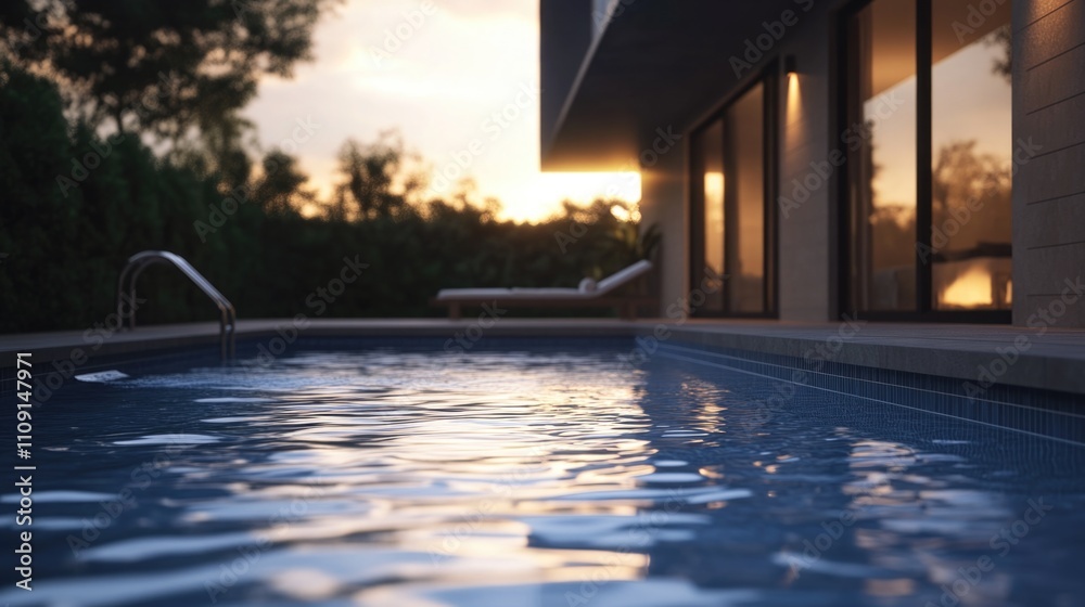 Poster a still shot of a pool with a beautiful sunset in the background, perfect for use in travel, leisure