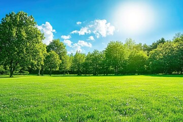 Obraz premium A peaceful scene of a field of grass with trees in the background, suitable for use in outdoor or nature-themed projects