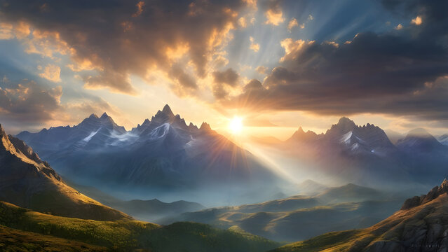 Mountain Sunrise &ndash; A breathtaking view of sun rays breaking through scattered clouds, illuminating the rugged peaks and valleys below.