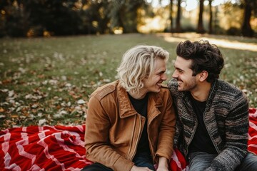 Fototapeta premium Valentine’s Day romantic picnic, date ideas, diverse couple sitting on the blanket enjoying moment together smiling, LGBTQ+, celebrating love, outdoor settings designs, ads, cards, inclusivity.