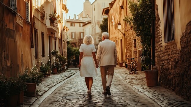 An aged couple walking hand-in-hand through a charming European cobblestone street. - Powered by Adobe