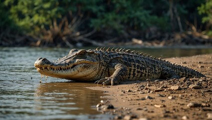 Obraz premium Wild crocodile on the riverbank.
