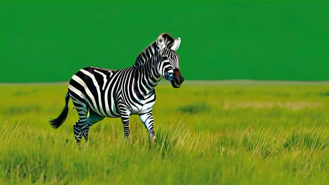 A zebra trots through a vibrant green field under a clear sky.