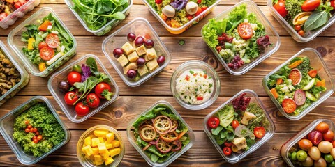 Fototapeta premium Healthy Meal Prep A Variety of Colorful Salads and Sides in Glass Containers on a Wooden Surface