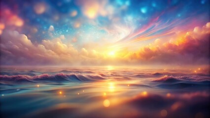 Obraz premium Dreamy Sunset Over a Tranquil Ocean, With Golden Light Reflected on the Water and a Sky Filled with Clouds and Sparkling Dust