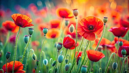 Fototapeta premium Panoramic Long Exposure Poppy Field Photography: Vibrant Red Flowers, Delicate Stems, Summer Landscape