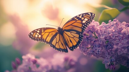 A monarch butterfly sits on a purple lilac bush, showcasing its vibrant colors and delicate features
