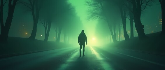 Fototapeta premium A man stands at a crossroads of roads glowing with a greenish glow, choosing his path