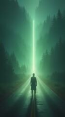 A man stands at a crossroads of roads glowing with a greenish glow, choosing his path
