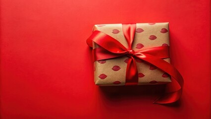 A single gift wrapped in brown paper with red hearts and tied with a vibrant red ribbon, placed on a vibrant red background.