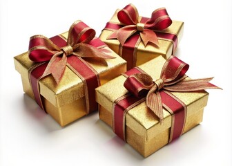 Obraz premium Elegant Gift Boxes Wrapped in Gold and Red Ribbons Isolated on a Crisp White Background Perfect for Celebrations, Holidays, and Special Occasions - A Visual Delight for Seasonal Decor and Gifting