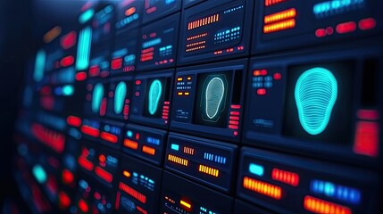 Obraz premium Futuristic Biometric Security System Interface Digital Fingerprint Scans Data Monitoring