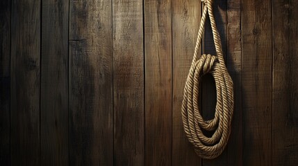 Obraz premium Coiled rope hanging on a rustic wooden wall.