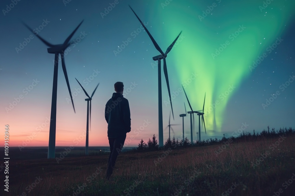 Poster a person stands in a green field with wind turbines visible in the distance